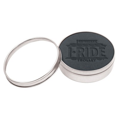 Set of 4 Black Leather Coasters | Circle | 3 7/8" dia. | Debossed | Clear Top Tin